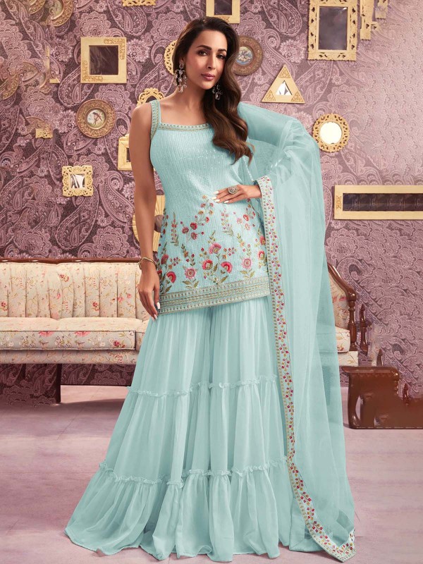 Baby Blue Faux Georgette Designer Sharara Suit